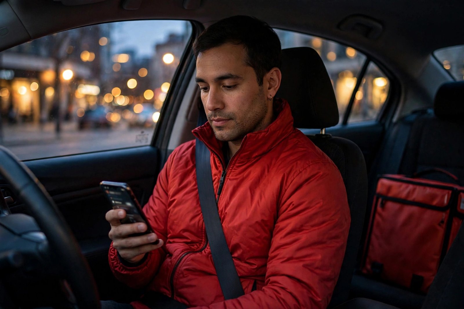 DoorDash delivery driver in a red jacket checking his phone in his car at dusk with a delivery bag beside him